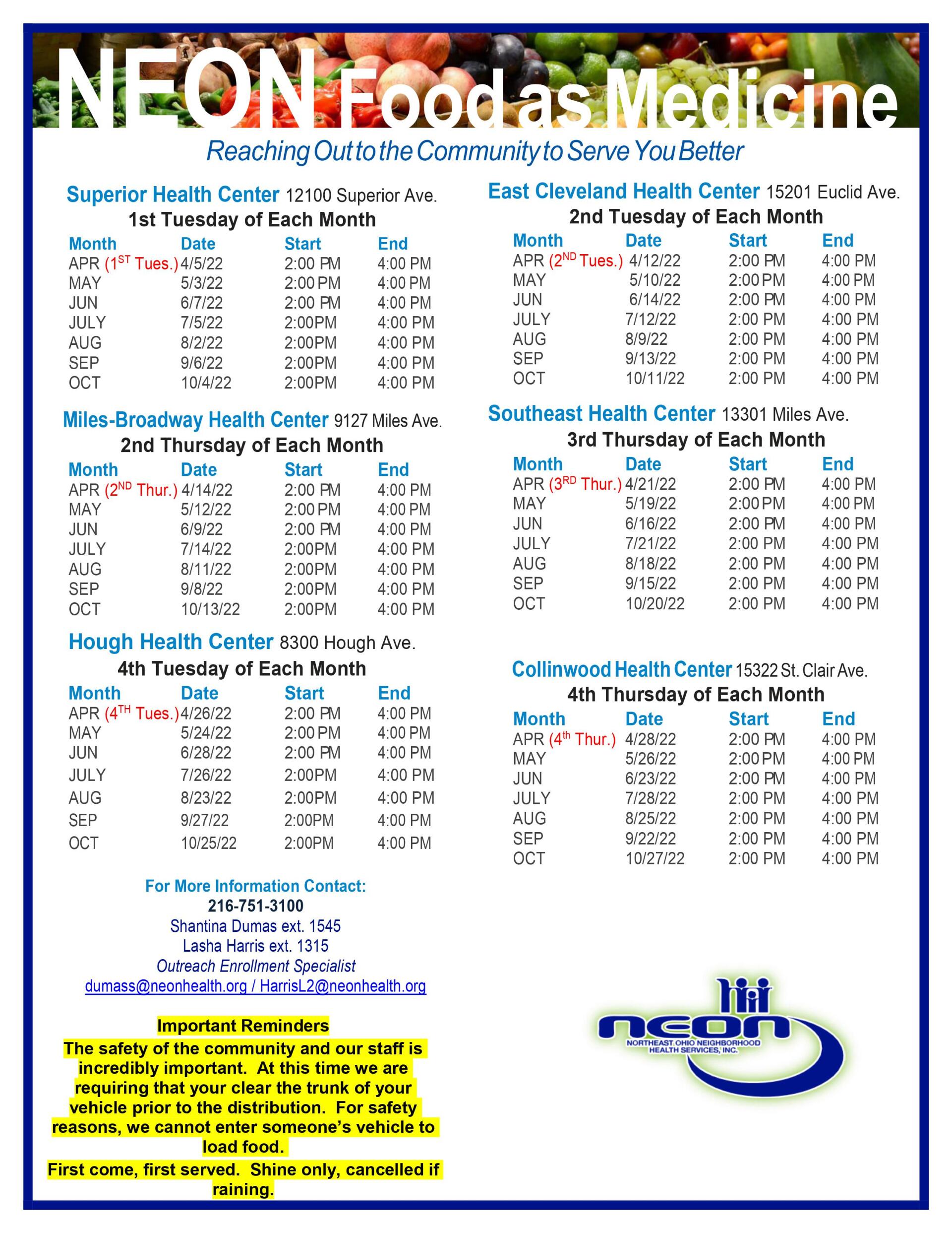 NEON foods medicine chart with multiple nutrient tables and a yellow note at the bottom