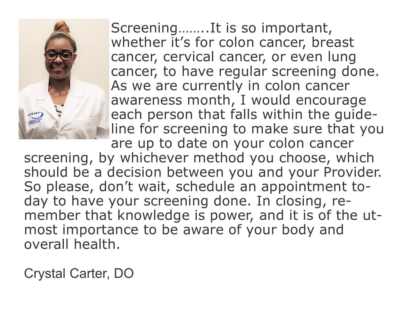 Doctor portrait beside screening awareness message about early detection and regular cancer screenings