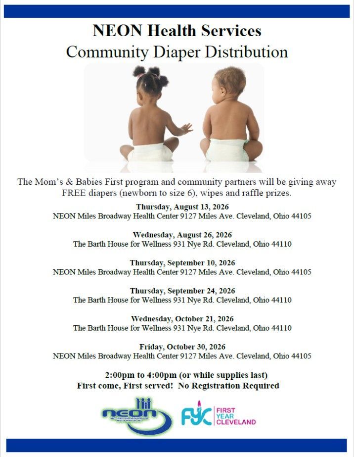 NEON Health Services flyer for community diaper distribution with dates, times, and locations listed.