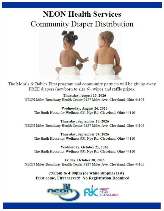 NEON Health Services flyer for community diaper distribution with dates, times, and locations listed.