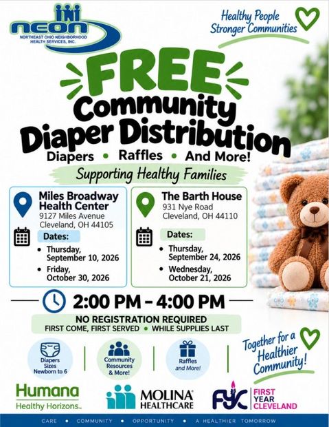 NEON Health Services flyer for community diaper distribution with dates, times, and locations listed.