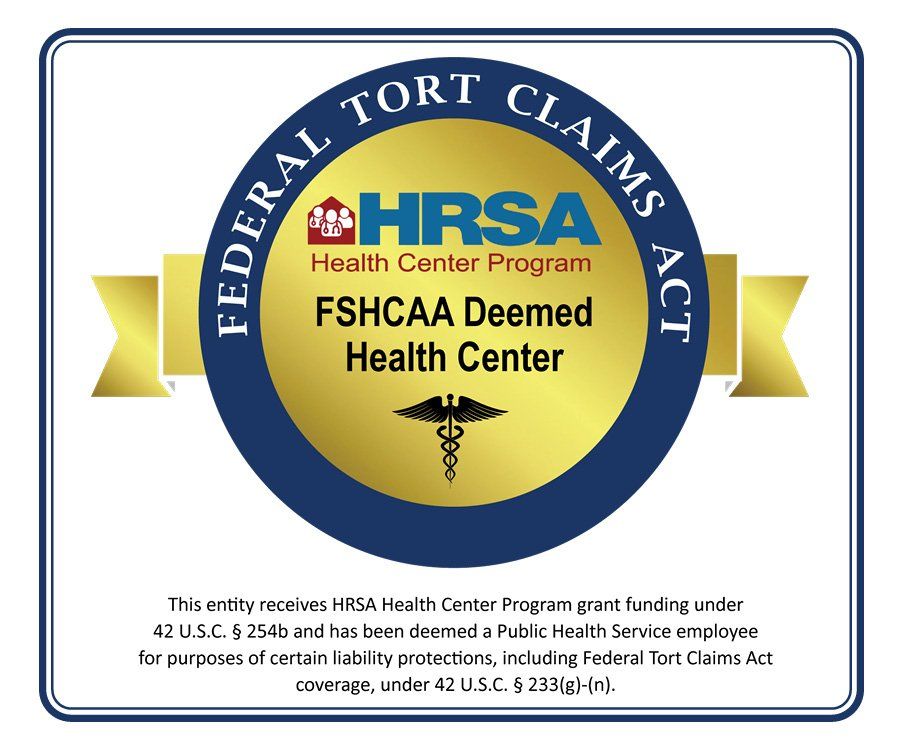 HRSA Federal Tort Claims Act Health Center deeming badge in blue, gold, and white.