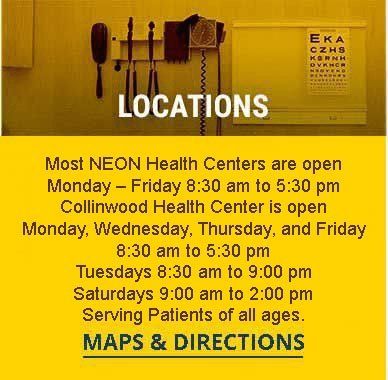 Yellow clinic hours sign with locations, maps and directions, and phone on wall. Yellow clinic hours sign with locations, maps and directions, and phone on wall.