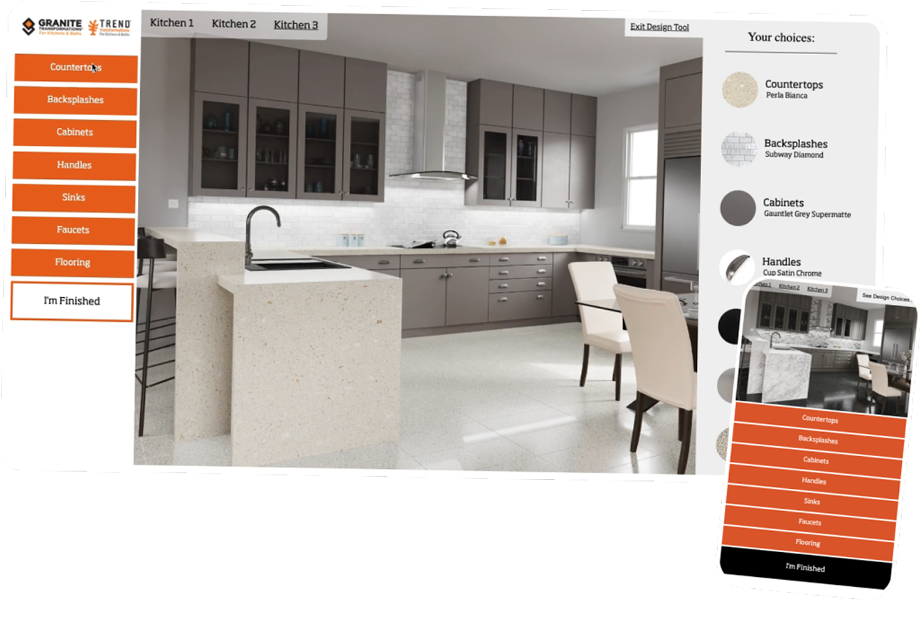 Kitchen with gray cabinets, island, white countertops, and color palette.