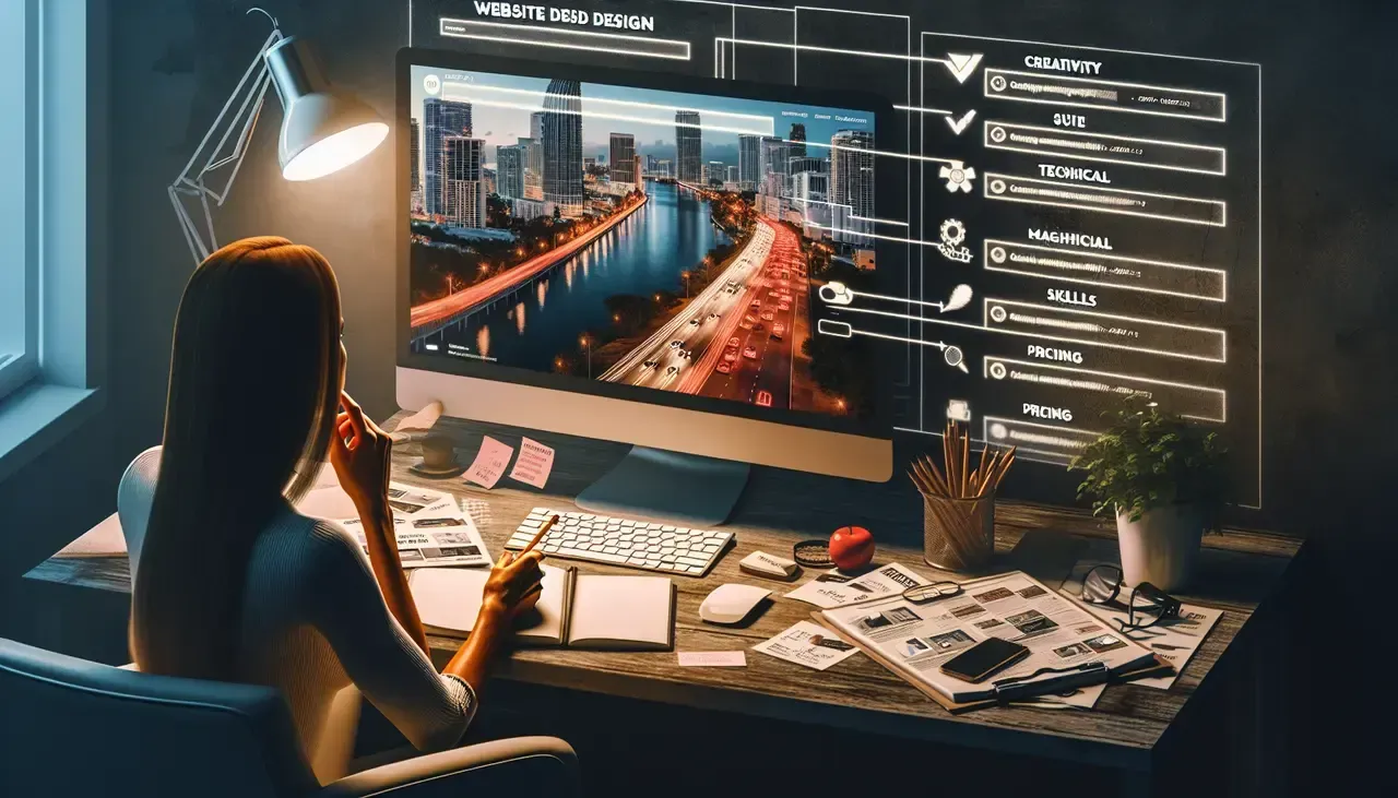 A woman is sitting at a desk looking at a computer screen.