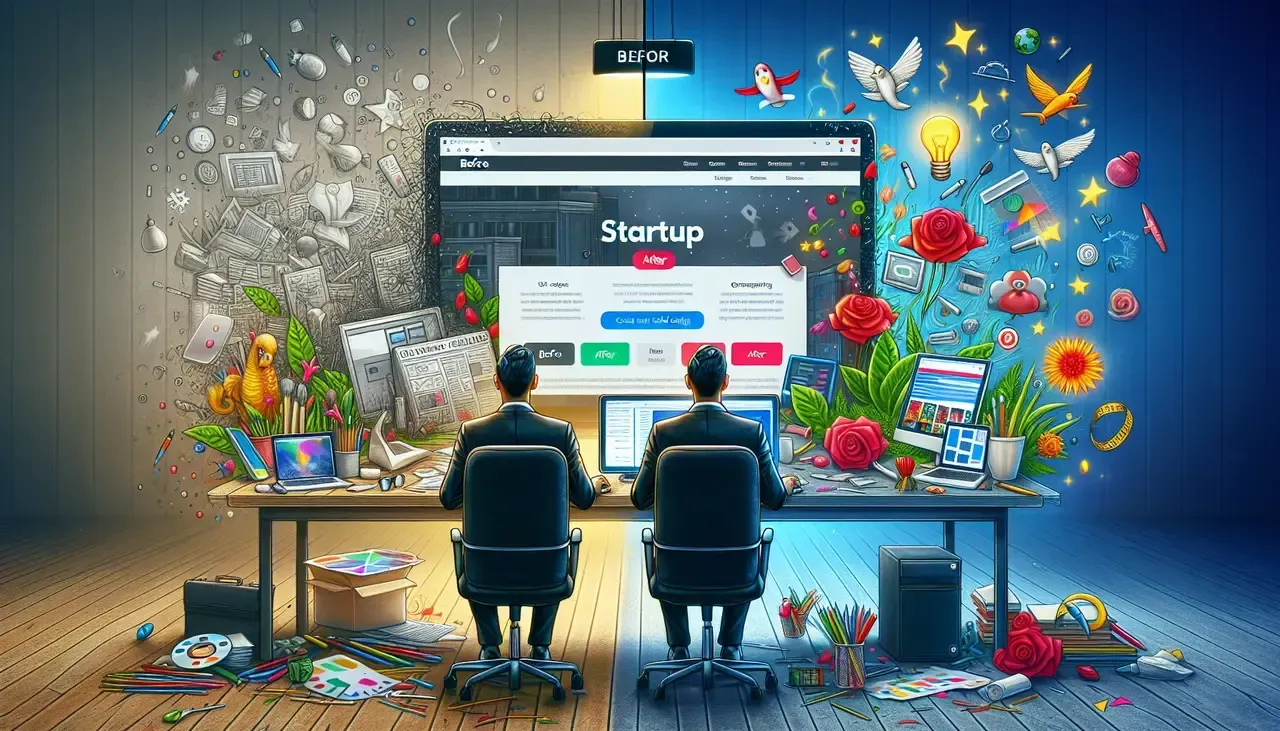 Two men are sitting at a desk in front of a computer screen.