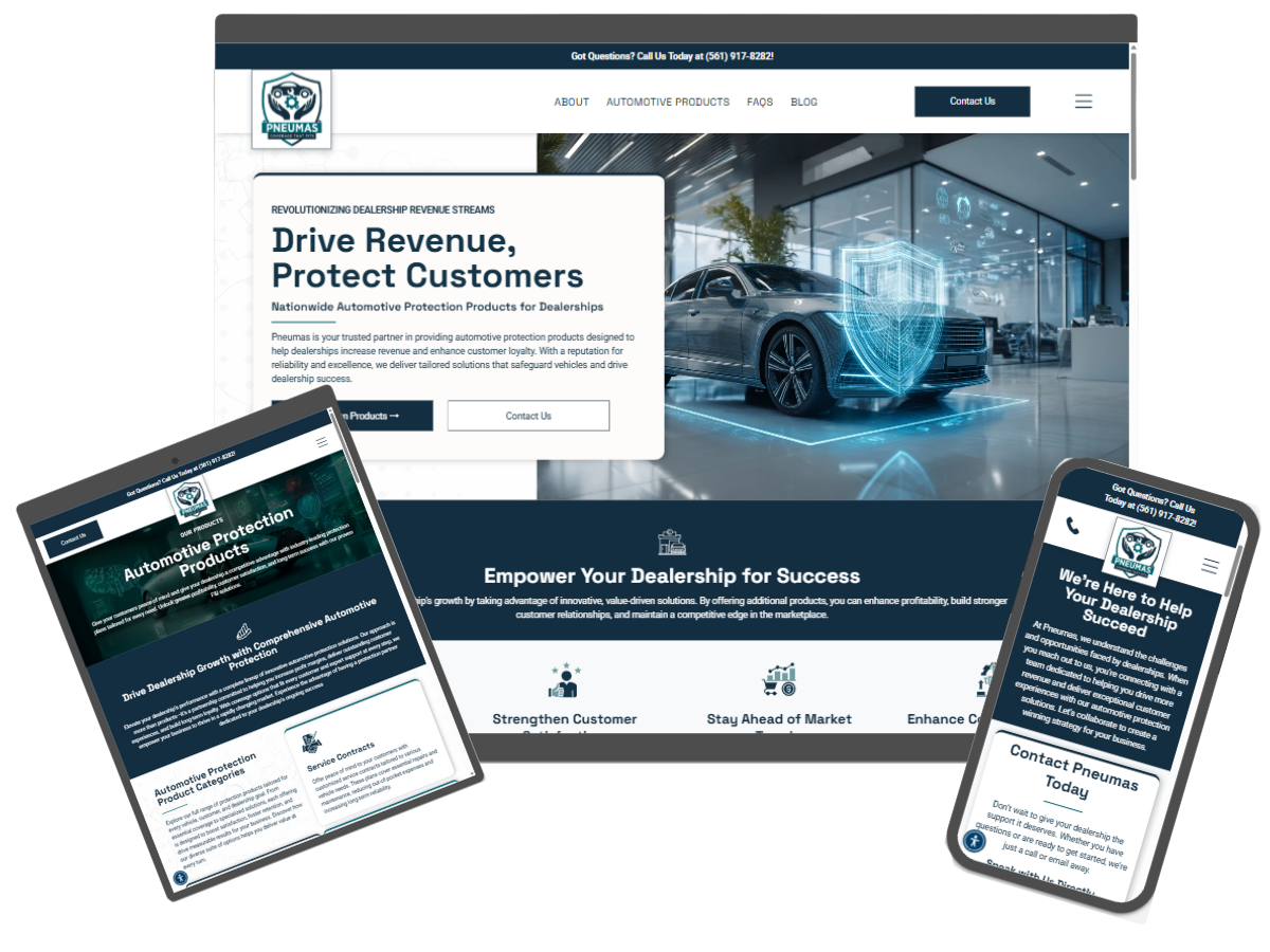 Website and mobile devices displaying a car dealership's cybersecurity solutions.