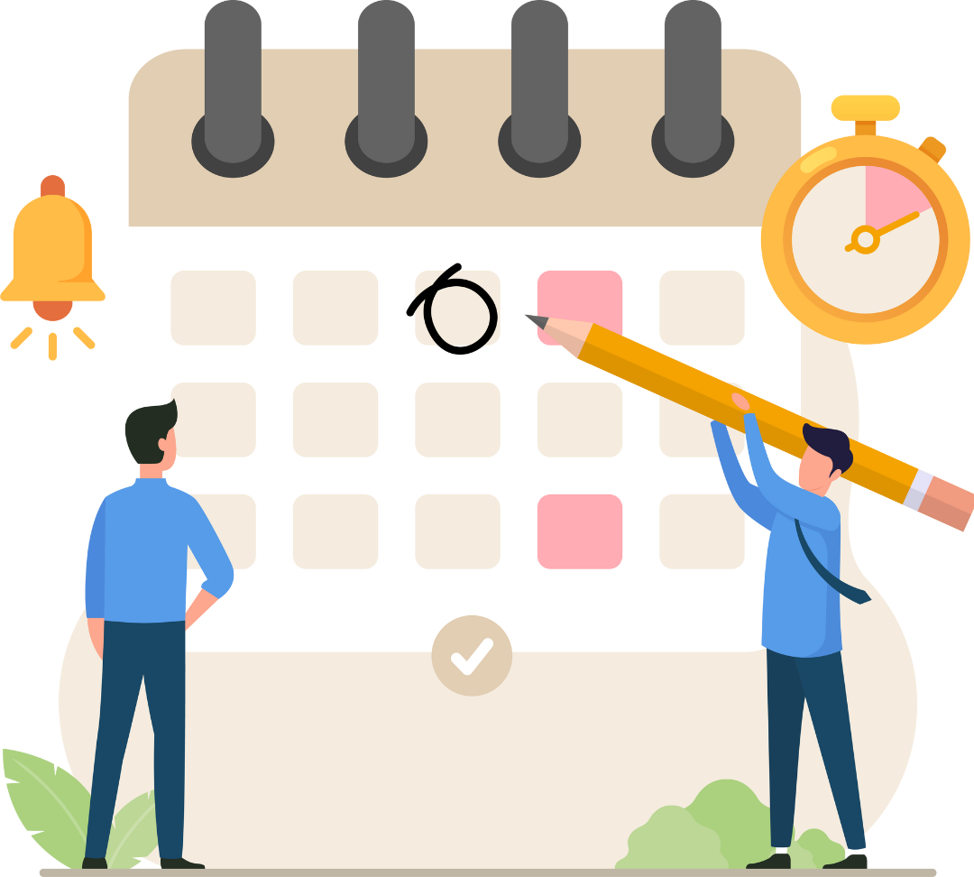 A man is holding a pencil in front of a calendar.