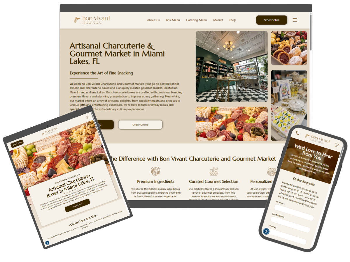Website mockups for an artisanal charcuterie & gourmet market in Miami Lakes, FL, on desktop, tablet, and mobile.