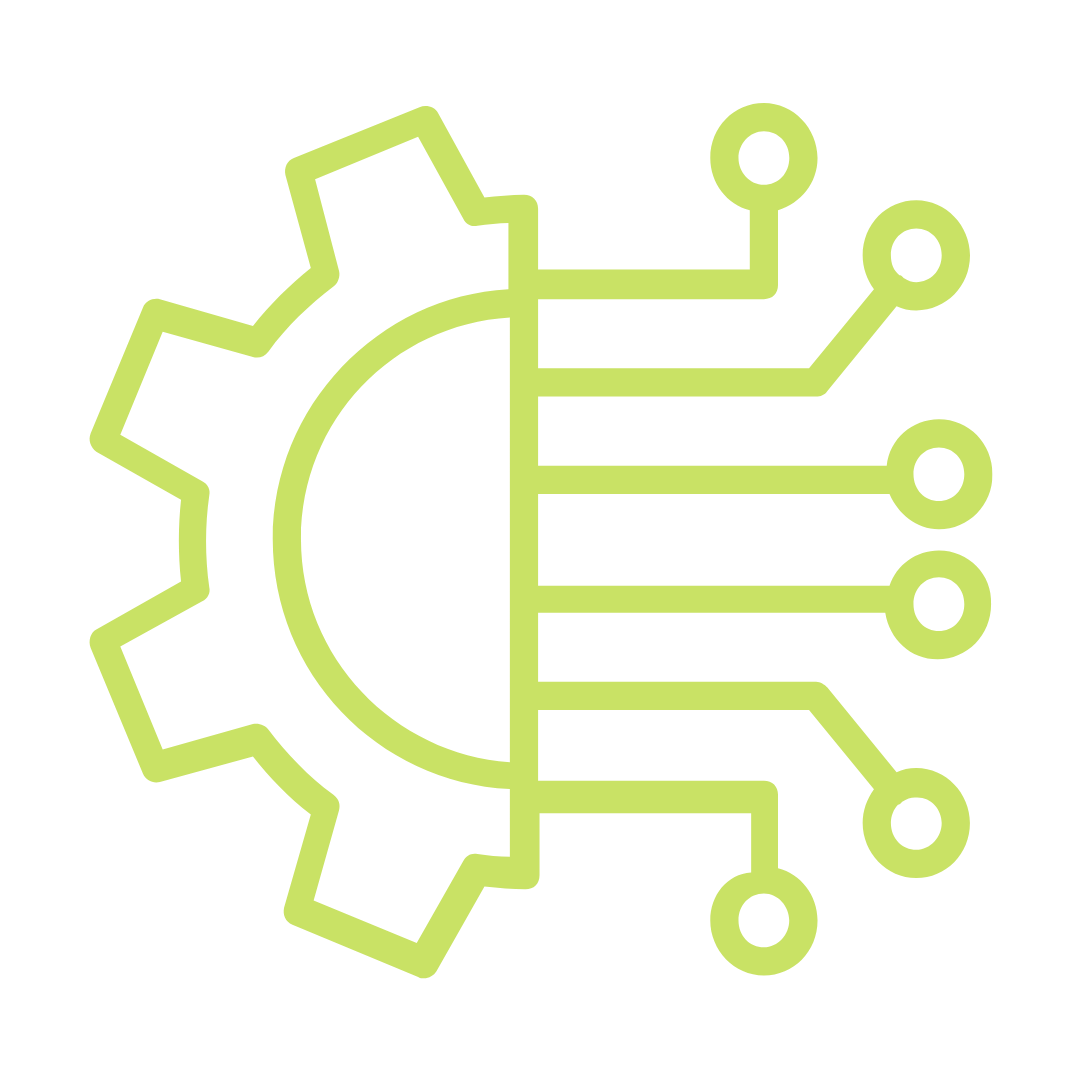 A green line drawing of a gear and a circuit board.
