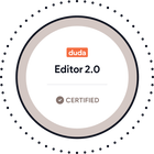 Duda Editor 2.0 certified badge with dotted black border and beige center