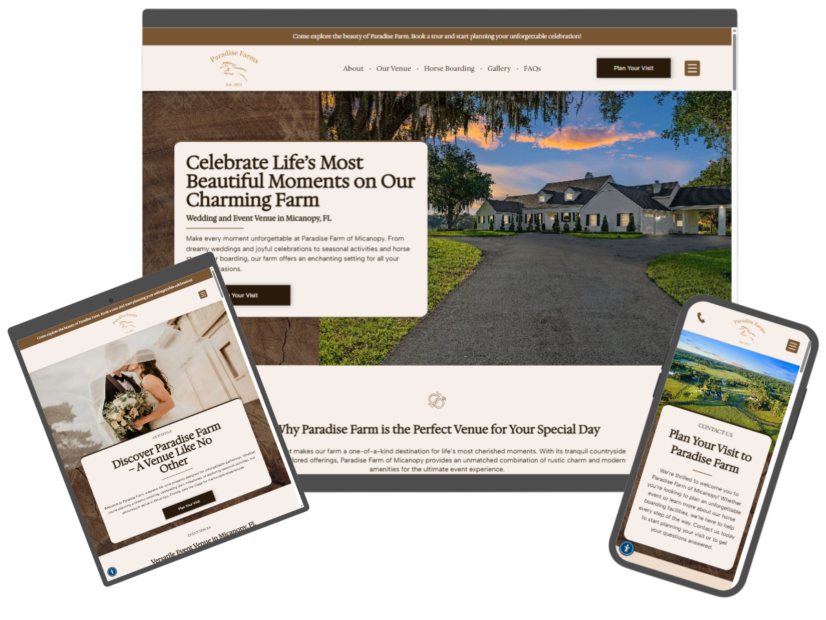 Website design for Paradise Farm of Micanopy an event venue and horse boarding facility