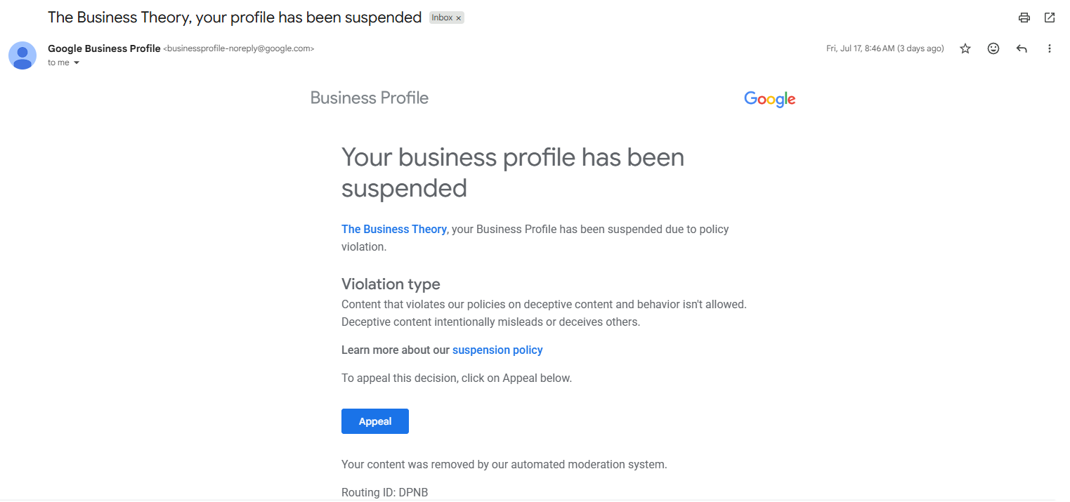 Google Account page warning that “Your business profile has been suspended,”