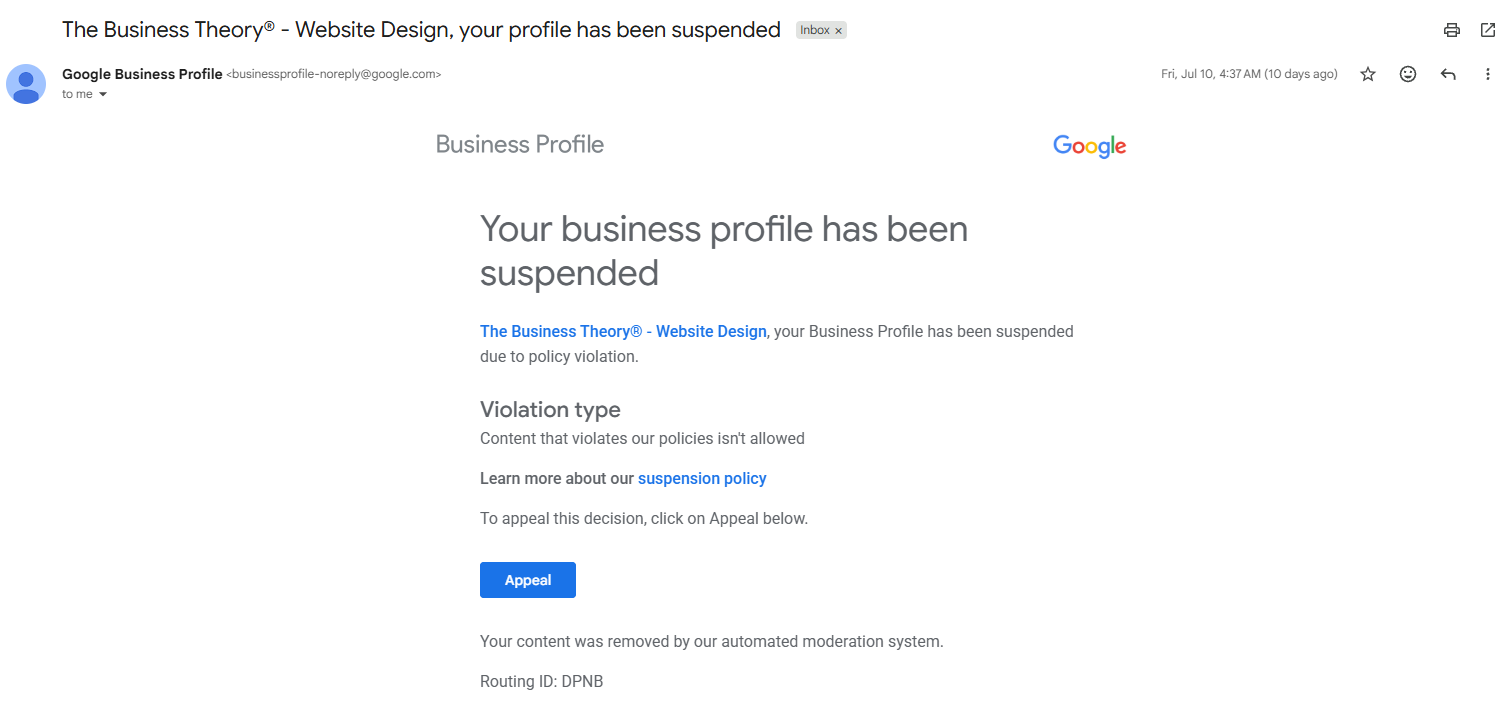 Google Chrome warning page: “Your business profile has been suspended”