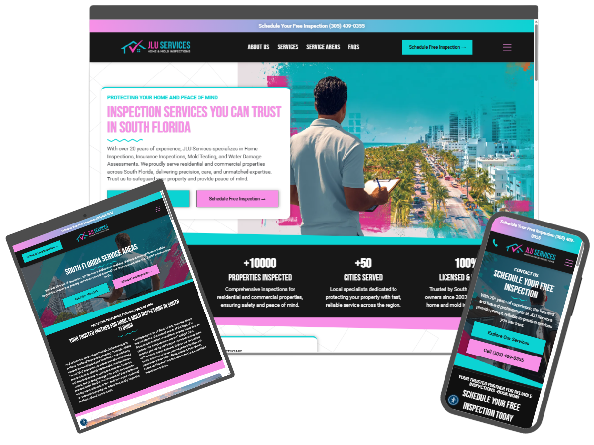 Website mockup on various devices; teal and pink color scheme. Man looking over a city. Inspection services in South Florida.