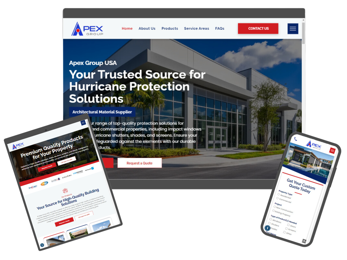 A computer , tablet , and cell phone displaying a website for hurricane protection solutions.