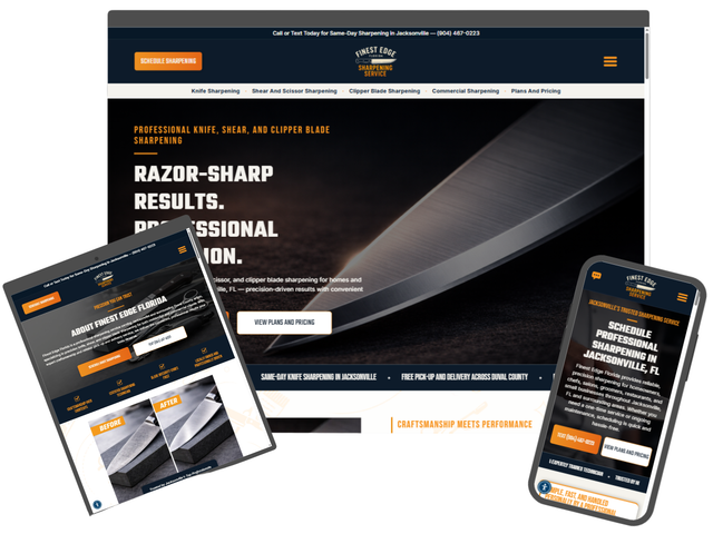 Website on three devices: laptop, tablet, and phone