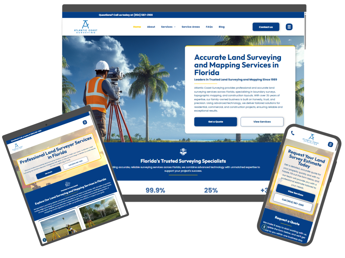 Website of Accurate Land Surveying, displayed on a computer, tablet, and phone, blue and white branding.