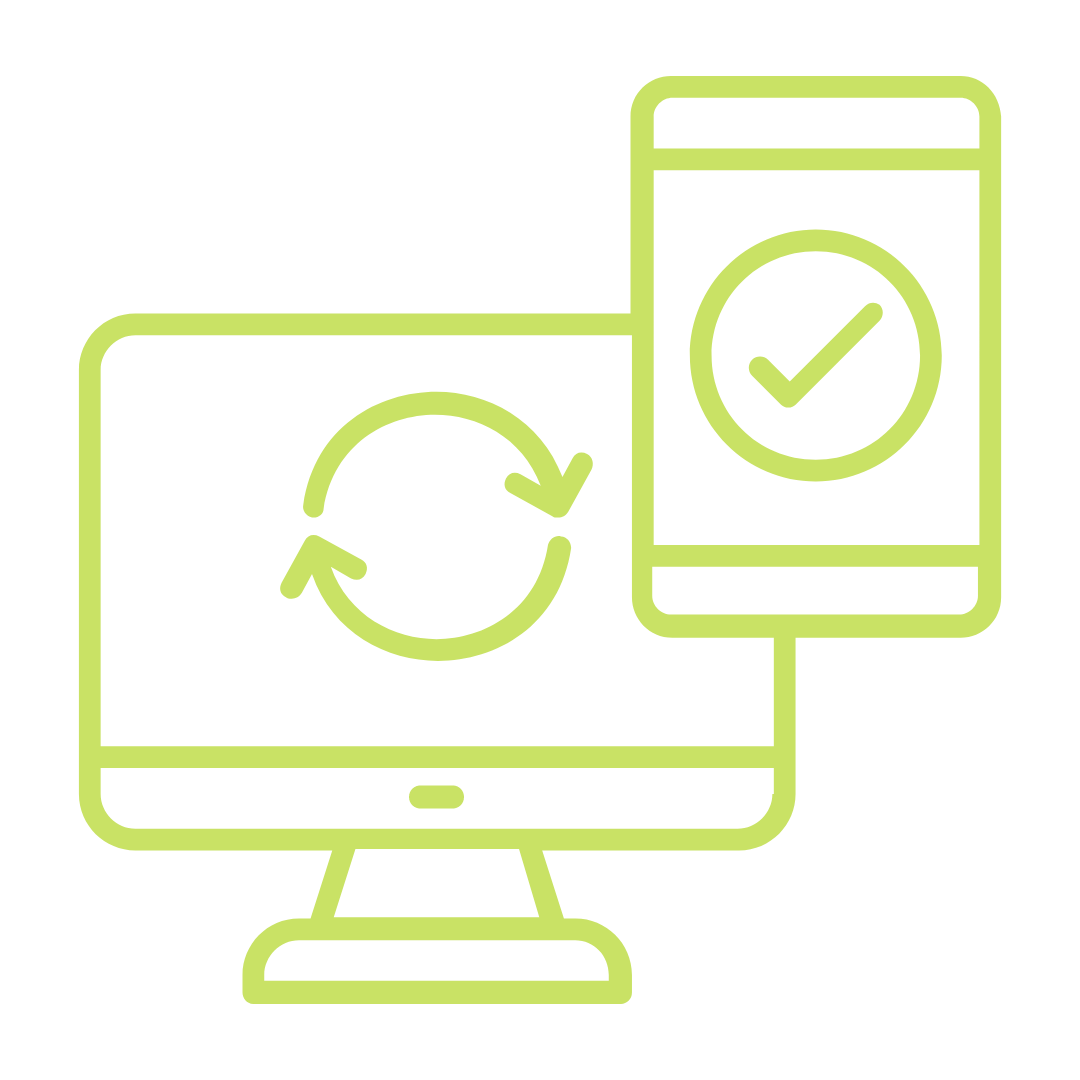 A computer monitor and a cell phone with a check mark on it.