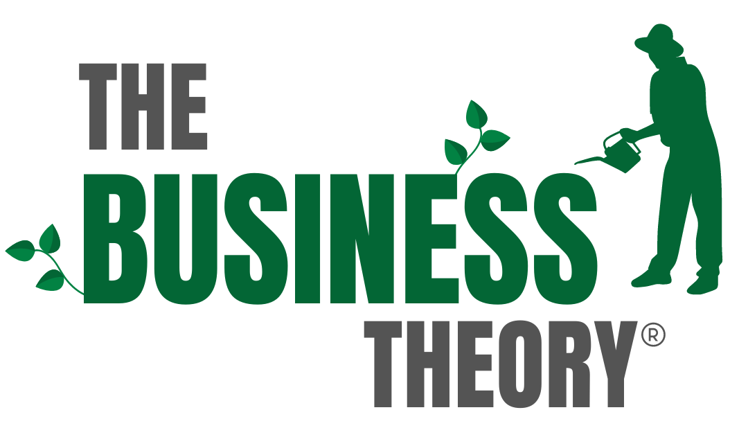 The Business Theory logo in gray and green with a golfer silhouette and leaves