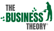 The Business Theory logo in gray and green with a golfer silhouette and leaves
