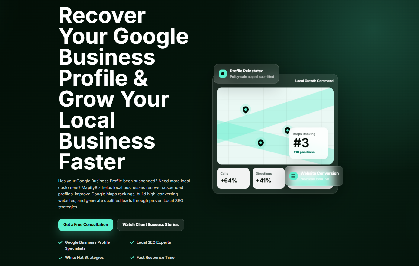 Dark green ad for Google Business Profile recovery and local business growth with dashboard graphic and buttons