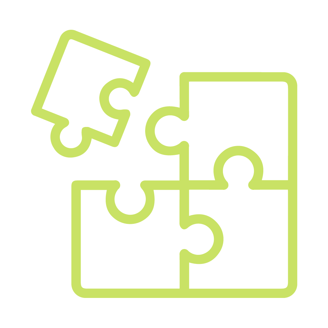 A line drawing of four puzzle pieces connected together.