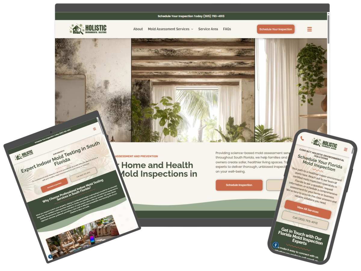 Website mockup showing a mold inspection company's site on a laptop, tablet, and phone screens.