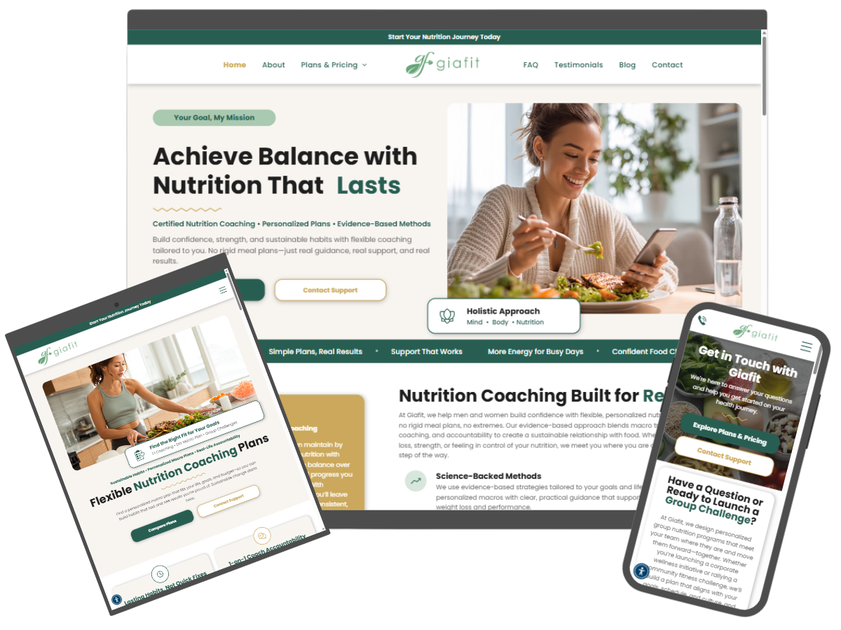 Website layout and mobile screens displaying nutrition coaching content and a woman eating salad.