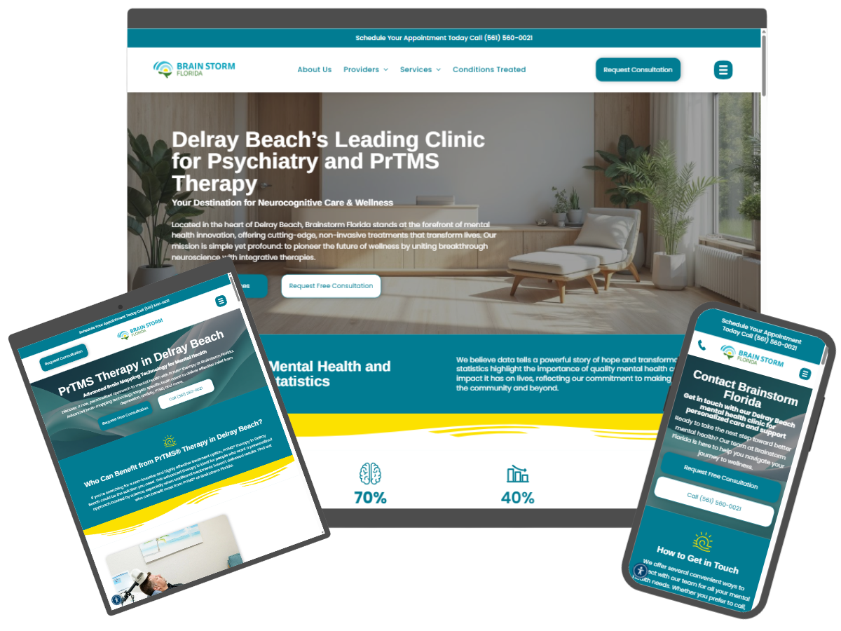 Website design on desktop, tablet, and phone: Delray Beach clinic for psychiatry and PrTMS therapy.
