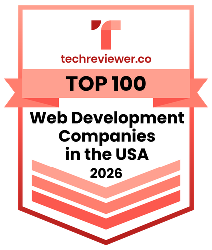 Techreviewer.co badge: Top 100 Web Development Companies in the USA 2026, in red and black