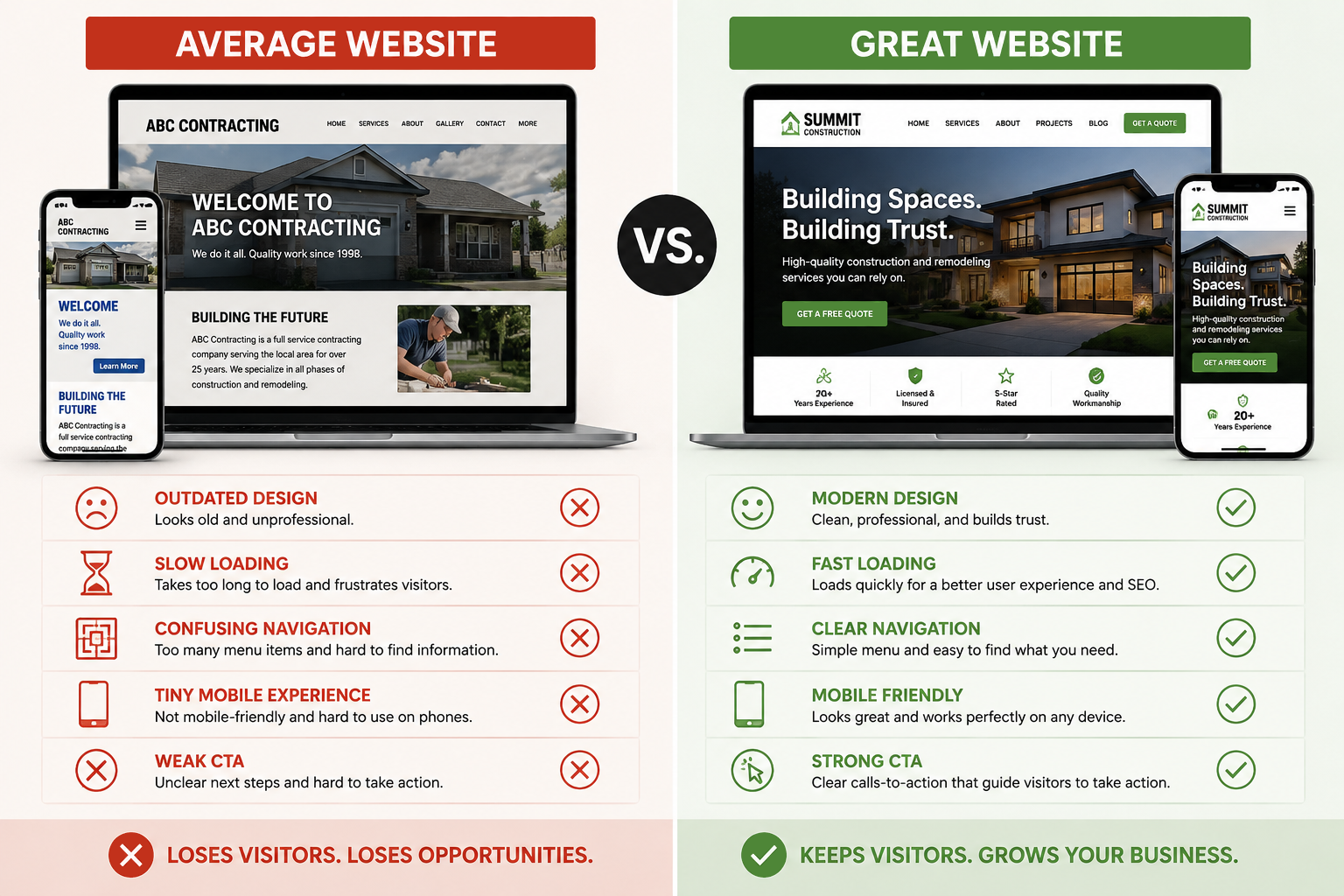 Comparison of an average business website and a great business website