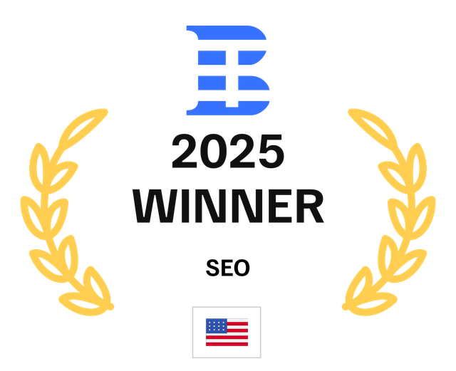 Award badge: Blue "B" logo with "2025 WINNER SEO" and US flag, gold laurel leaves.
