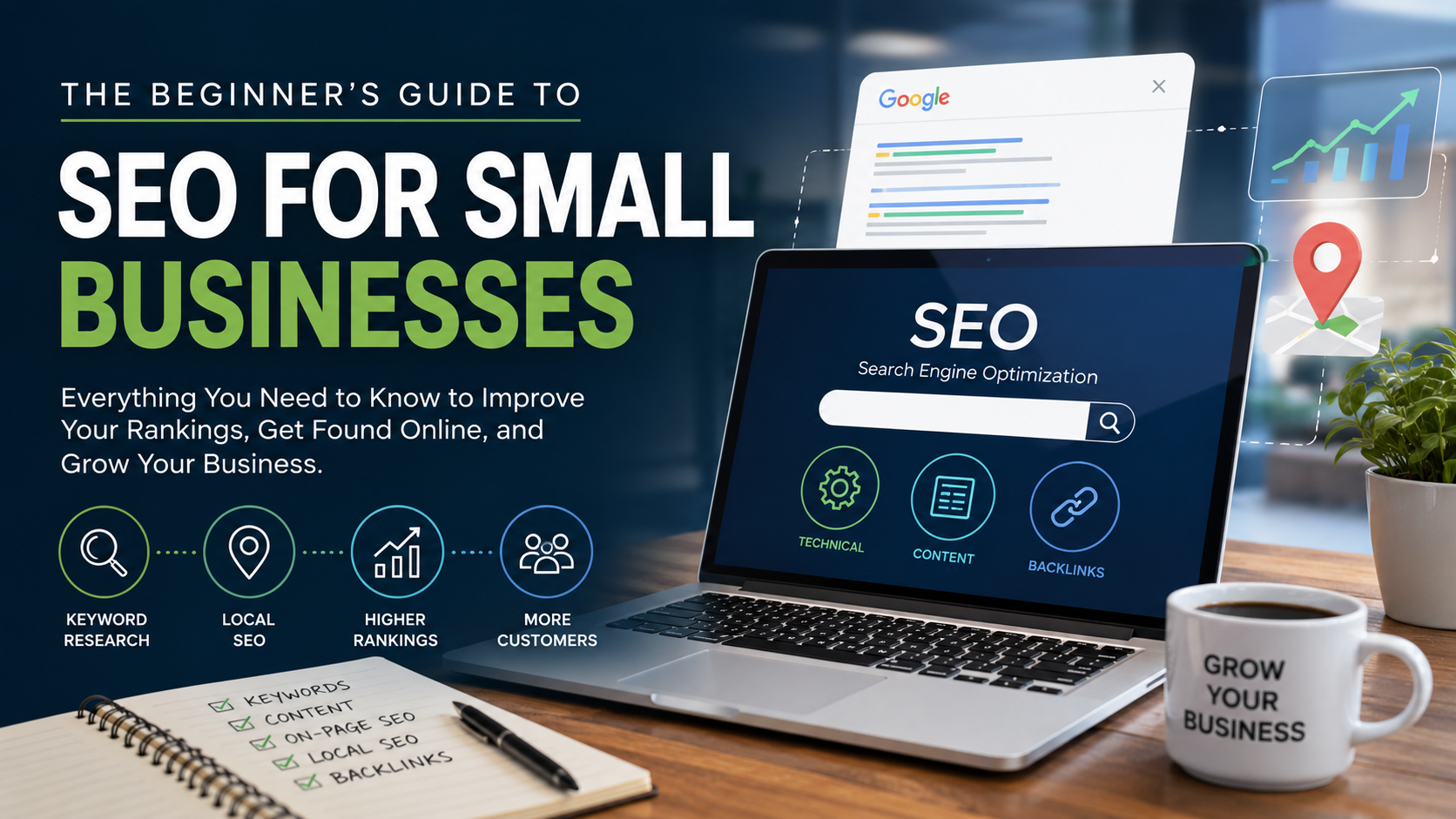 Small business SEO illustration featuring local SEO, backlinks, and technical SEO