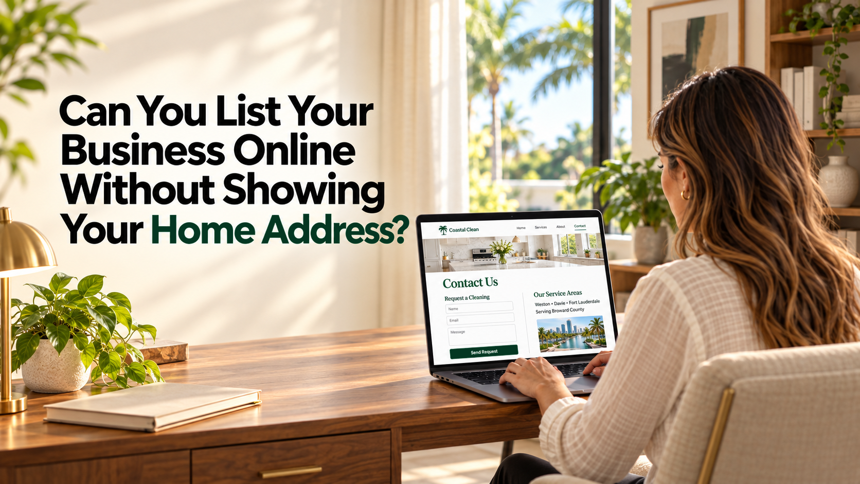 Business owner viewing her cleaning website’s service areas on a laptop in her home office.