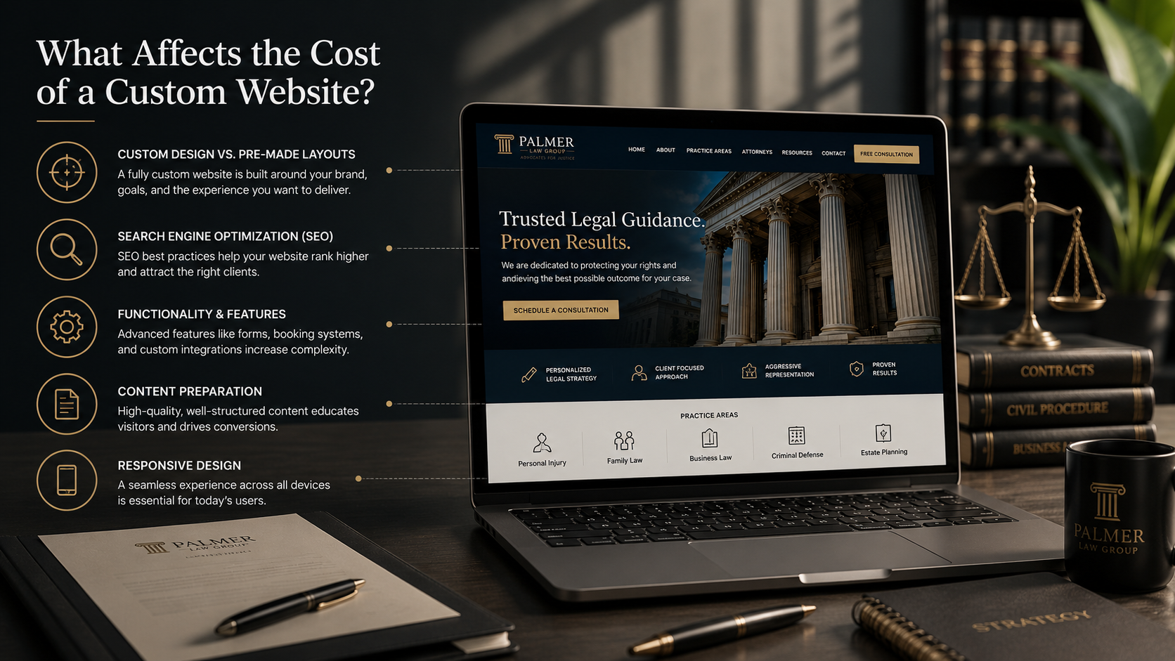 Illustration of the key factors that affect the cost of a custom law firm website