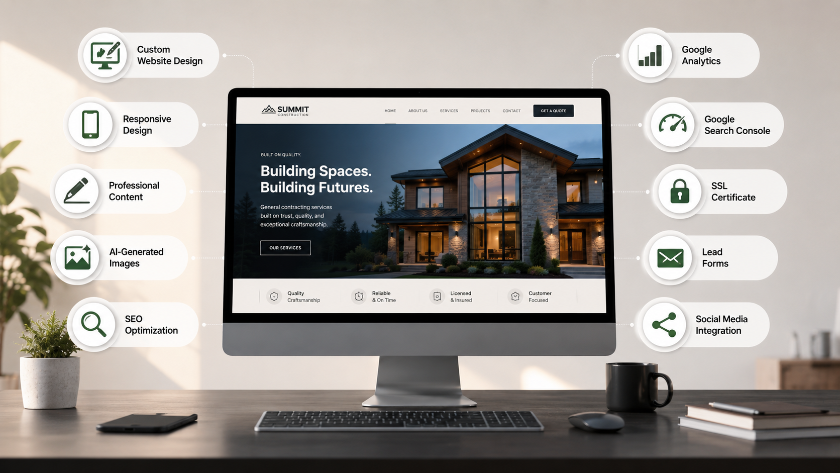 Illustration showing what's included in a custom website design package