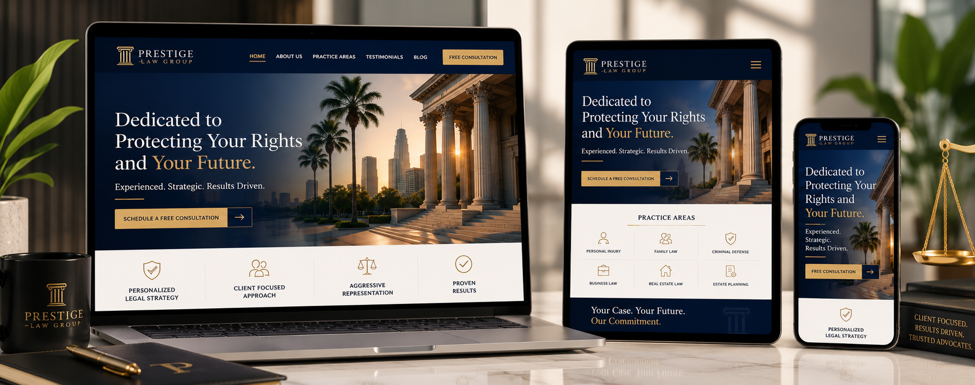 Responsive custom law firm website displayed across desktop, tablet, and mobile devices