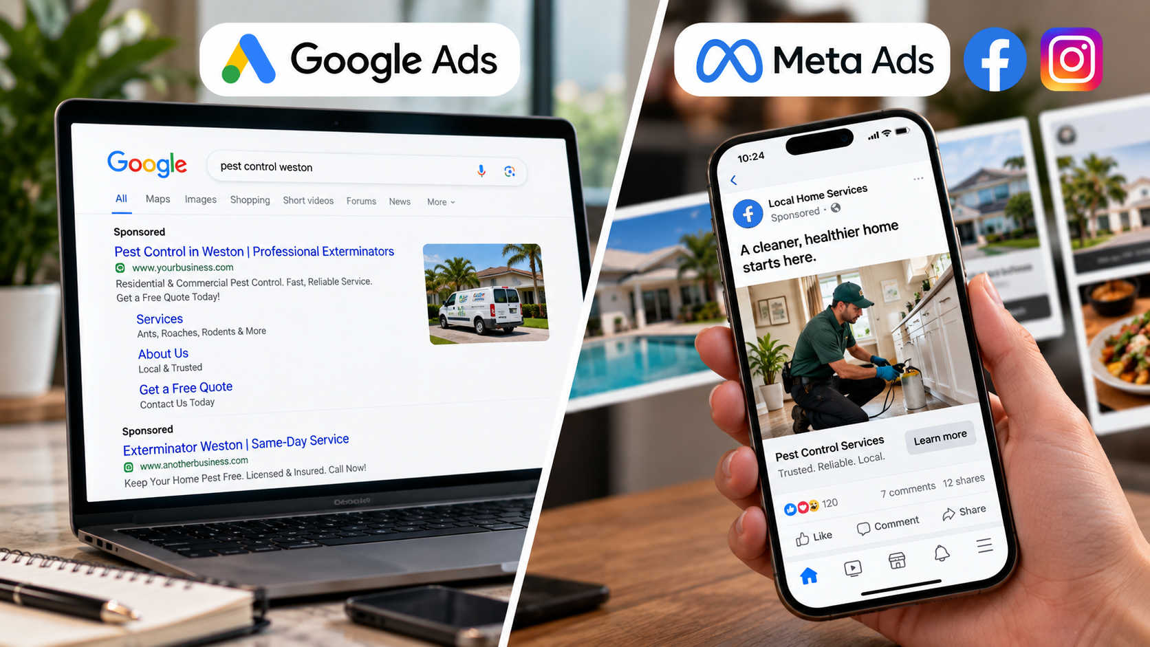 Google Ads search results compared with Meta Ads on Facebook for local service businesses.