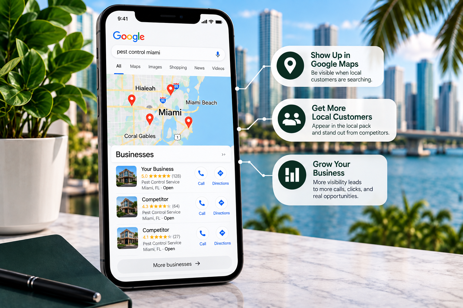 Google Maps local SEO results for a Miami business showing local listings, reviews, and map visibility