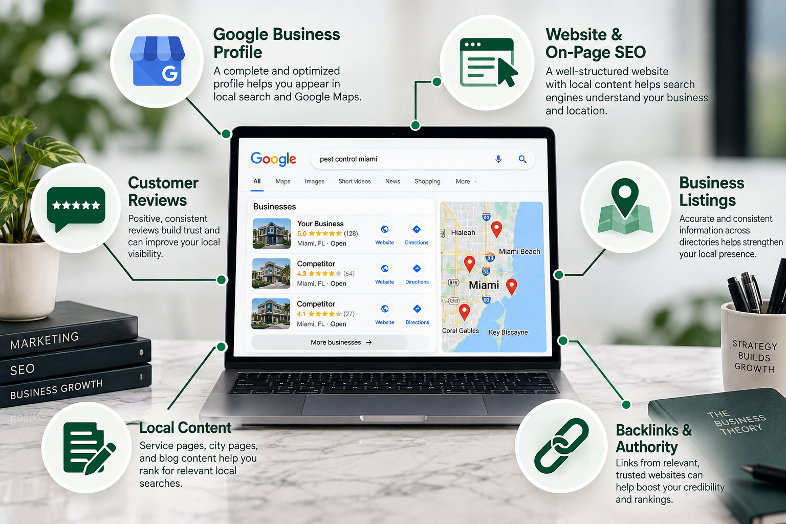 Local SEO ranking factors for Miami businesses including Google Business Profile, on-page SEO, reviews, business listings, local content, and backlinks