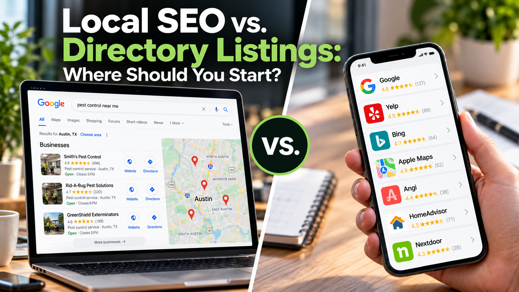 Local SEO Google search results compared with business directory listings on a smartphone.
