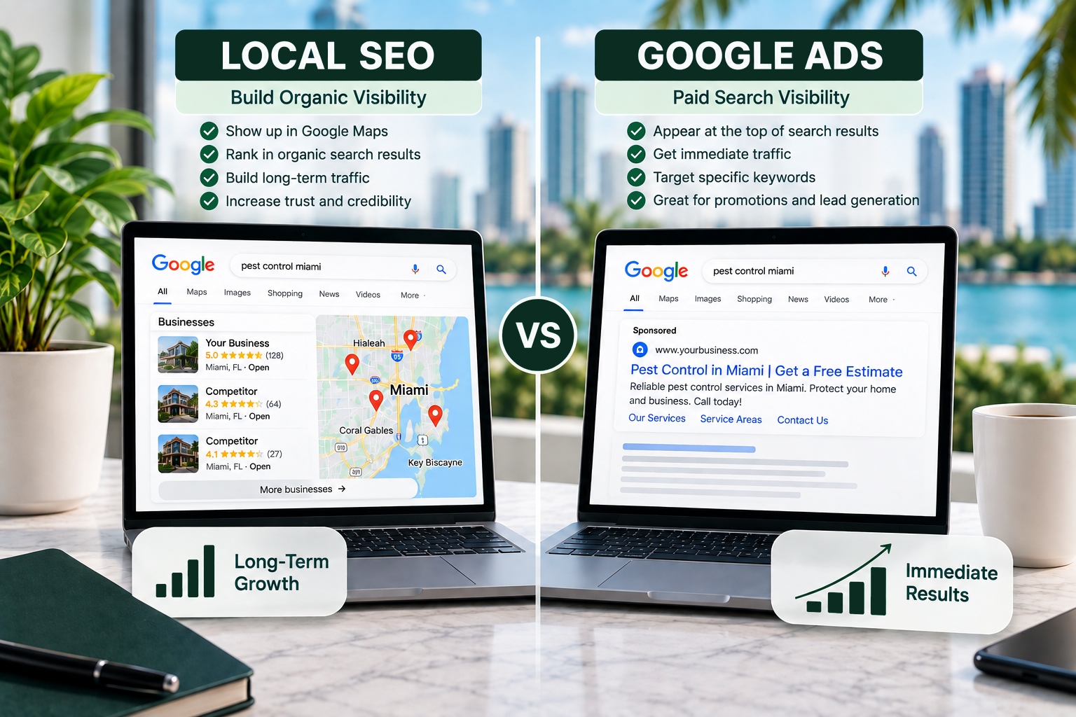 Local SEO vs Google Ads comparison showing organic Google Maps visibility and paid search advertising for Miami businesses