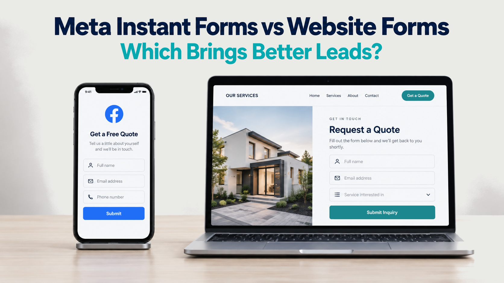 Meta instant form on a phone beside a website lead form on a laptop.