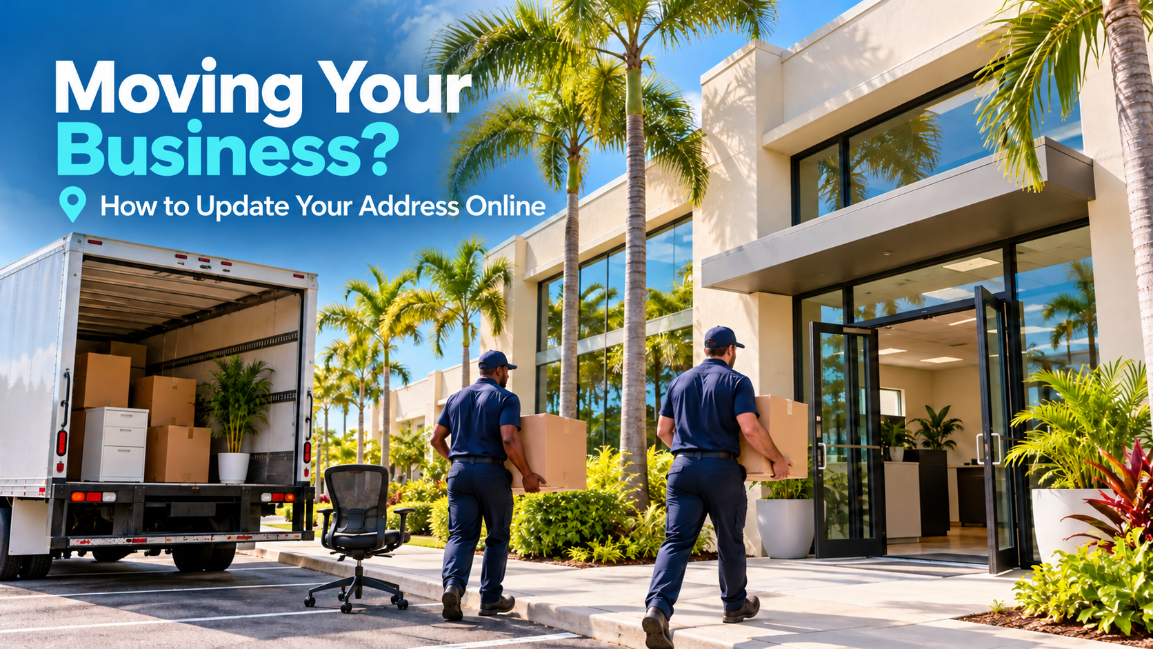 Movers relocating a South Florida business, with an online address update headline.