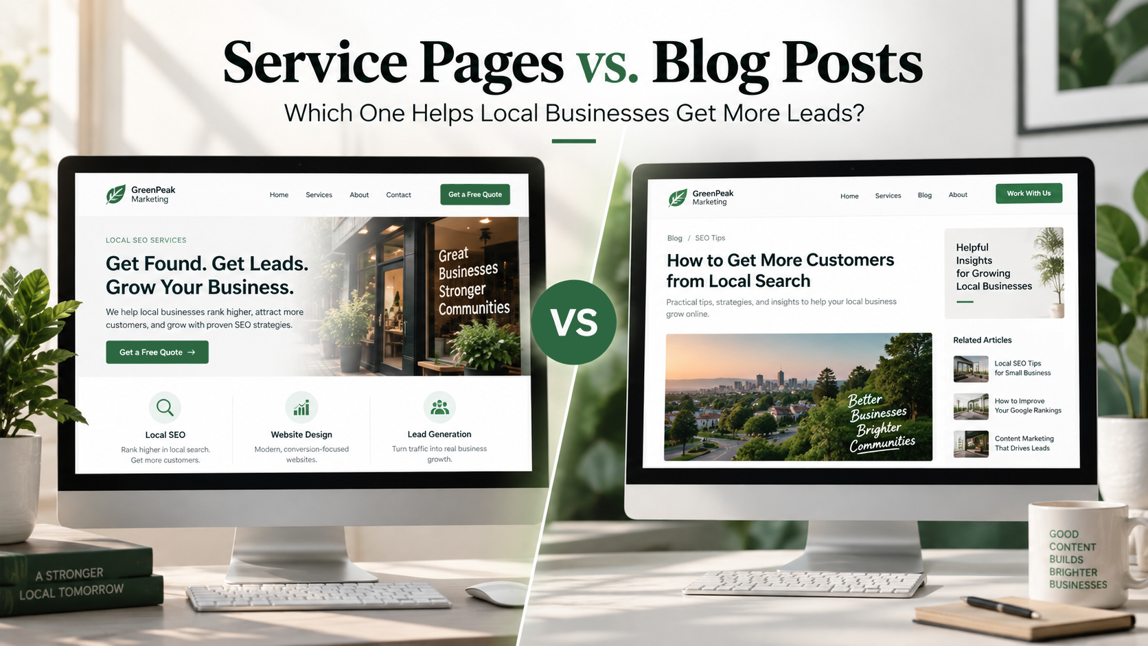 Service pages vs blog posts for local business leads graphic