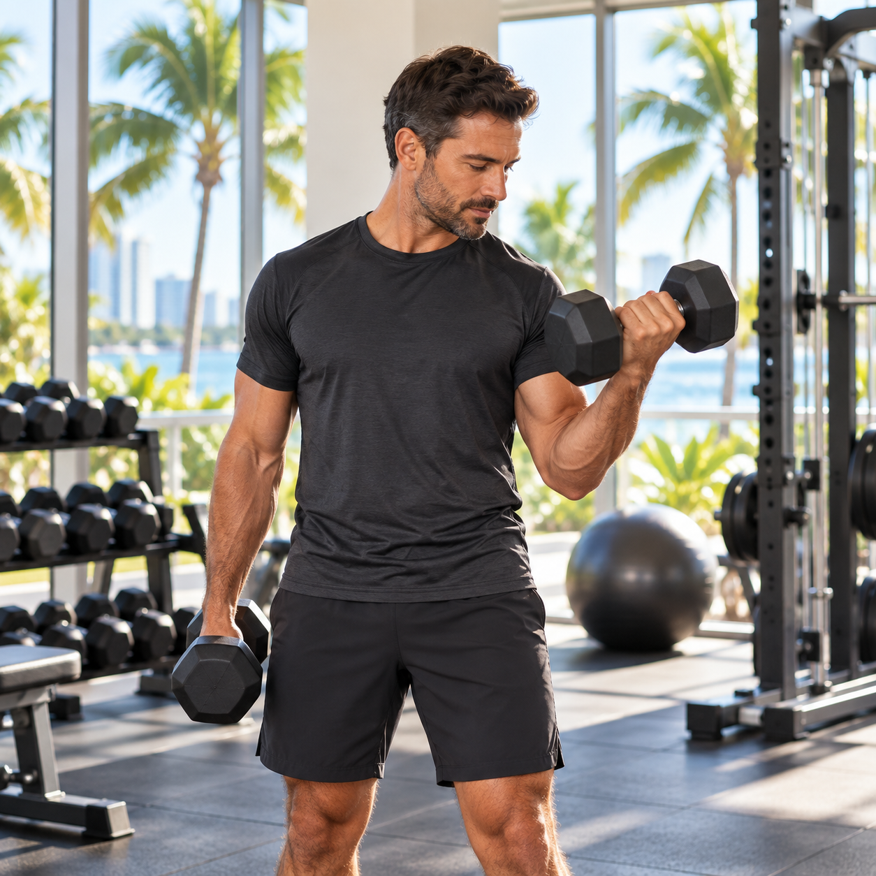 Man lifting dumbbells in a South Florida gym.