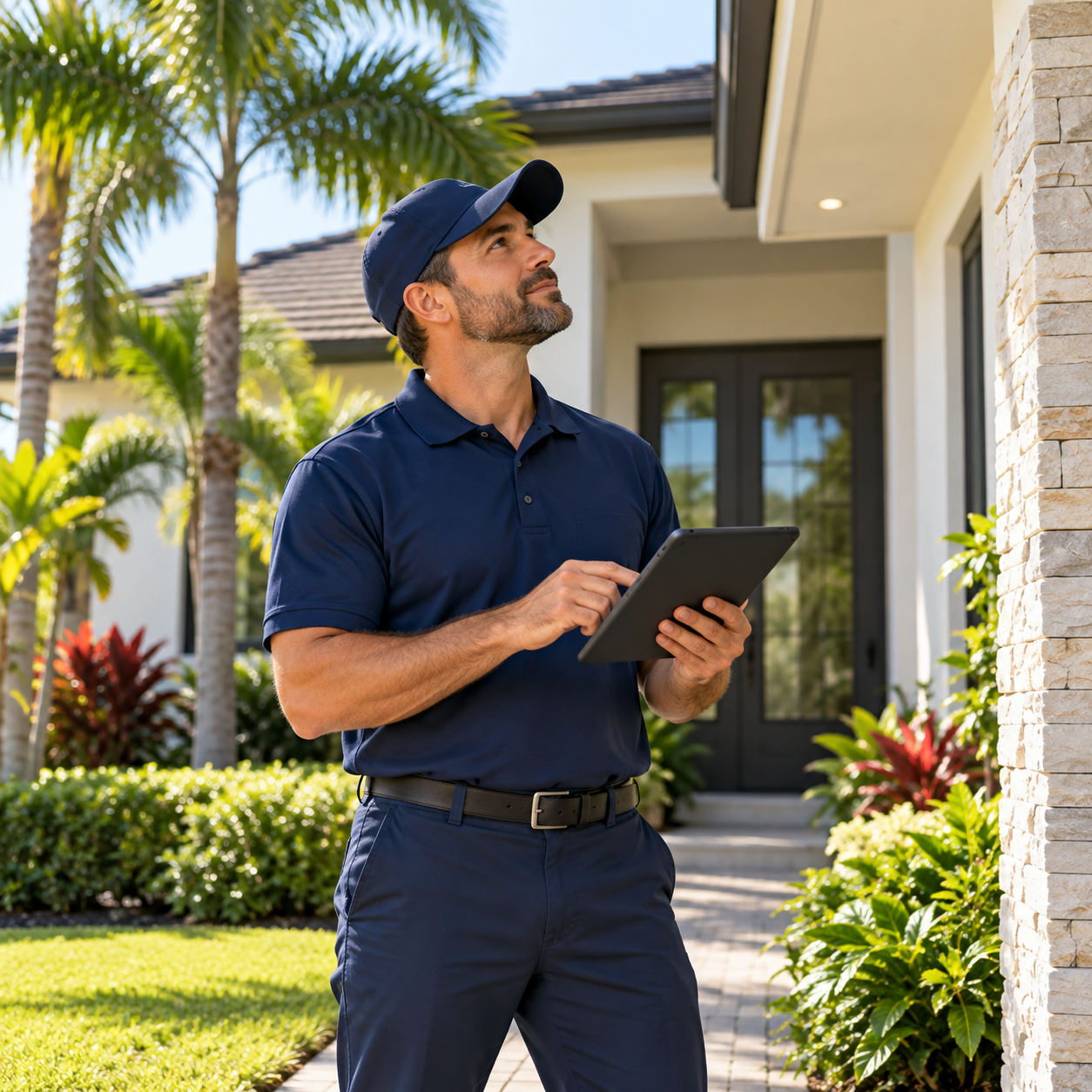 Home service professional inspecting the exterior of a South Florida house while holding a tablet.
