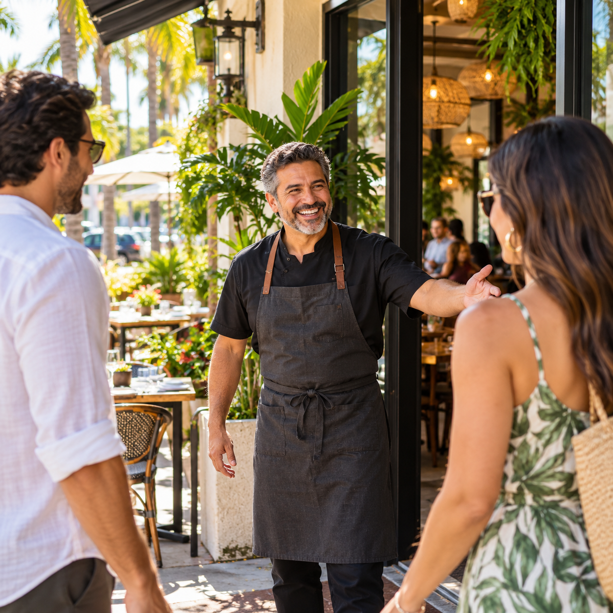 Local restaurant owner welcoming guests in South Florida.