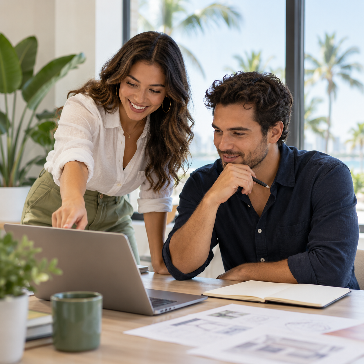 Two South Florida business founders planning at a laptop.